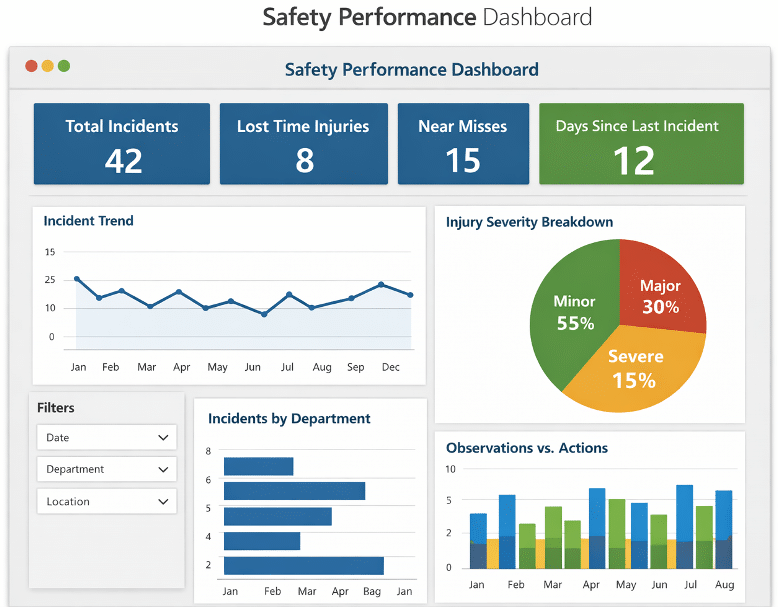 Power BI safety dashboard displaying HSE KPIs, incident statistics, inspections, and safety performance metrics for workplace safety monitoring.