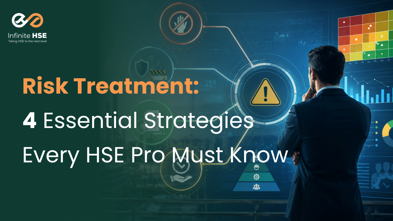 Risk treatment and workplace safety management concept showing an HSE professional reviewing a digital risk assessment dashboard with hazard controls, decision pathways, and risk mitigation strategies against an industrial construction background.