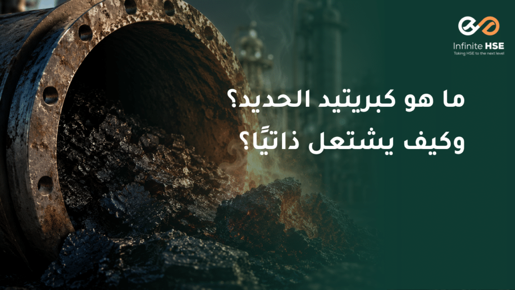 أنبوب معدني متآكل داخل منشأة بترولية يحتوي على ترسبات كبريتيد الحديد المتوهجة، مع إشارة إلى خطر الاشتعال التلقائي للمواد ذاتية الاشتعال عند تعرضها للهواء.